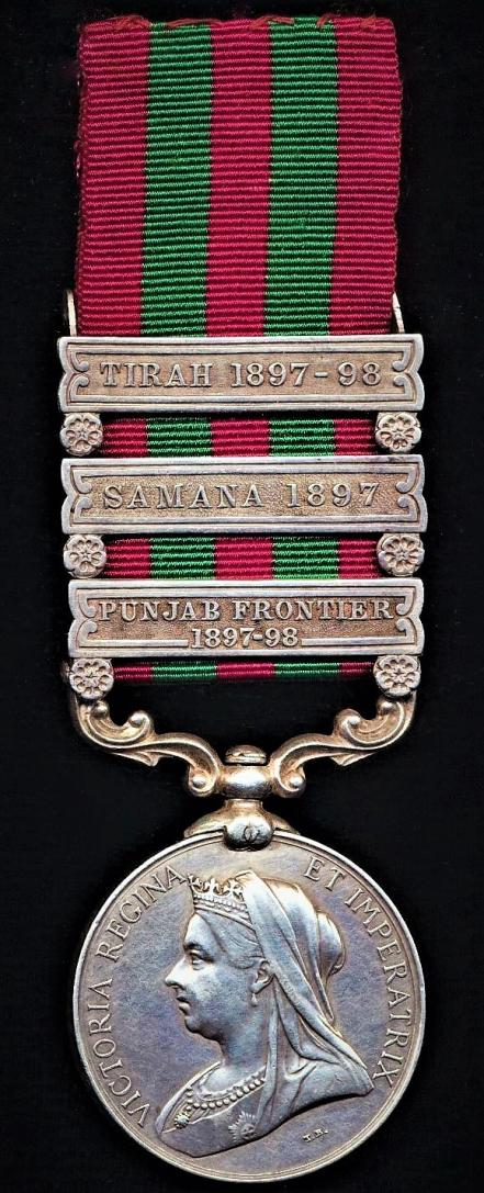India General Service Medal 1895-1902. Victoria silver issue with 3 x clasp 'Punjab Frontier 1897-98', 'Samana 1897', 'Tirah 1897-98' (Mathura Dass. Clark to Inspg: Officer P. I.S. Infy.)