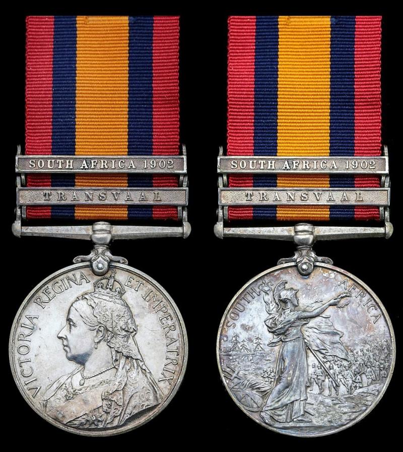 Queen's South Africa Medal 1899-1902. With 2 x clasps 'Transvaal' & 'South Africa 1902' (3524 Pte J. Hutchieson. A. & S. Hdrs.)