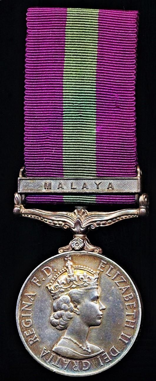 General Service Medal 1918-1962. EIIR issue with clasp 'Malaya' (22264684 Cpl. F. G. Holland. R.A.O.C.)