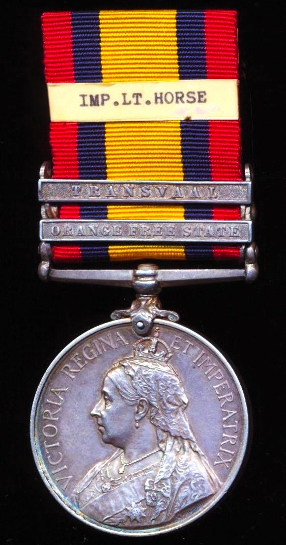 Queens South Africa Medal 1899-1902: Silver issue with 2 x clasps, 'Orange Free State' & 'Transvaal' (1315 Sjt: J. Young. Imp: Lt Horse)