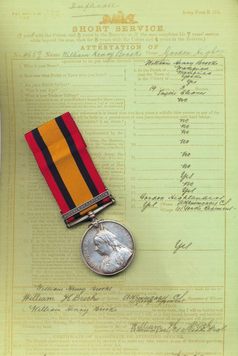 Queens South Africa Medal. Silver issue with 1 x clasp 'Defence of Ladysmith' (4659 Pte. W. Brooks, Gordon Highrs:)