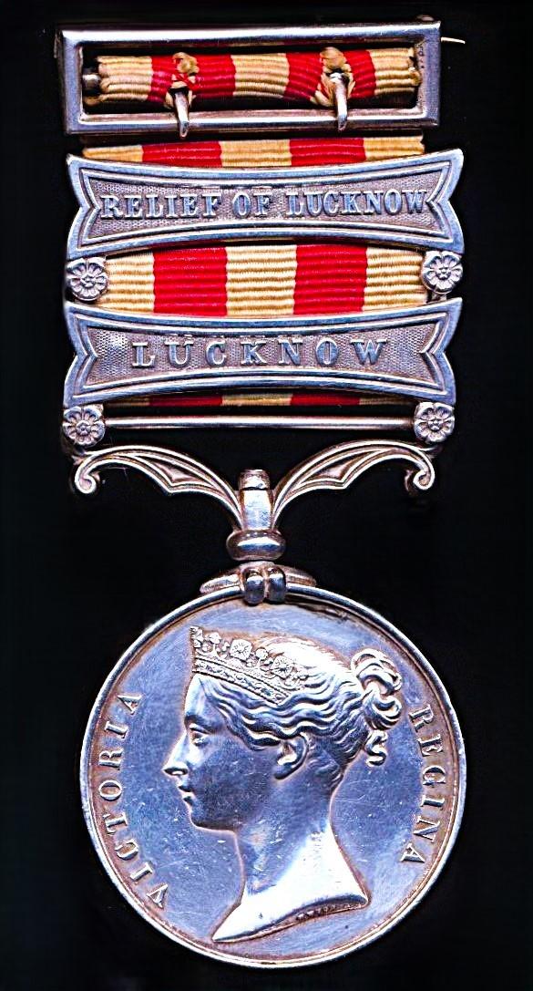 Indian Mutiny Medal 1857-59. With 2 x clasps 'Lucknow' & 'Relief of Lucknow' (Lieut J. Hunter, 78th Highlanders.)