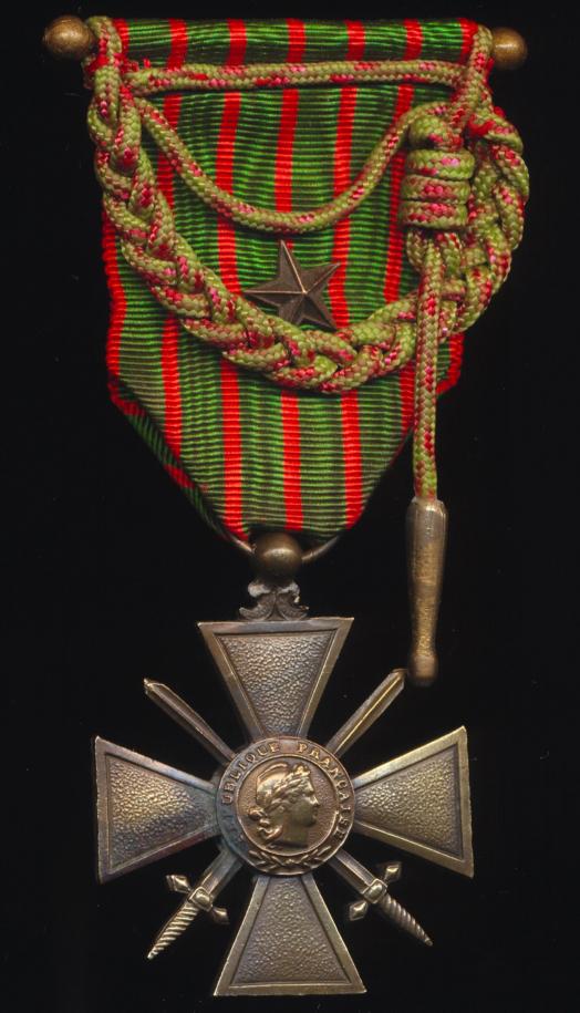 Aberdeen Medals France Cross Of War Croix De Guerre With 1 X Citation Bronze Star Emblem Avec Etoile On Riband And Draped With A Miniature Fourragere In Colour Of Croix De