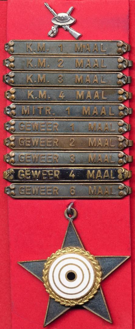 Netherlands: Royal Netherlands East Indies Army (KNIL) Shooting Medal 1936 (Schietprijs van het KNIL 1936). Bronze & enamel, with 10 qualifying clasps 
