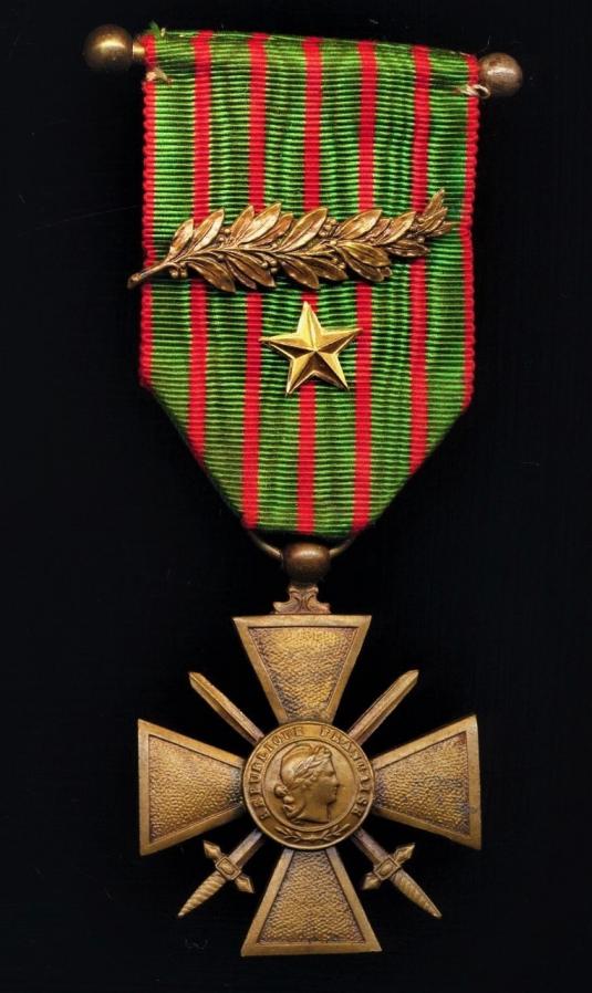 France: Cross of War 1914-1918 (Croix De Guerre 1914-1918). With 2 x Citation emblems (1 x Gold Star & 1 x Bronze Palm) on the riband. Reverse of cross dated 1914-1918