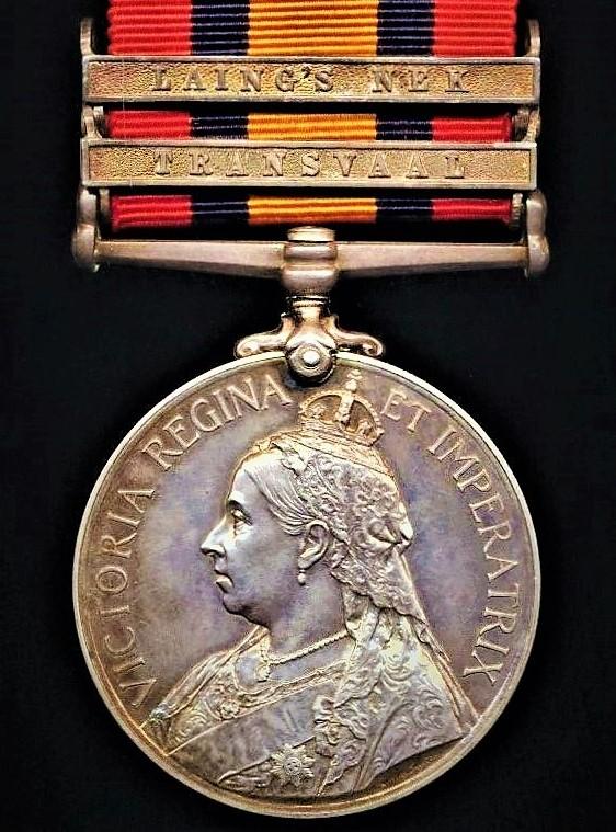 Queen's South Africa Medal 1899-1902. Silver issue with 2 x clasps 'Transvaal' & 'Laing's Nek' (982 Tpr: A. C. Wright. Bethune’s M.I.)