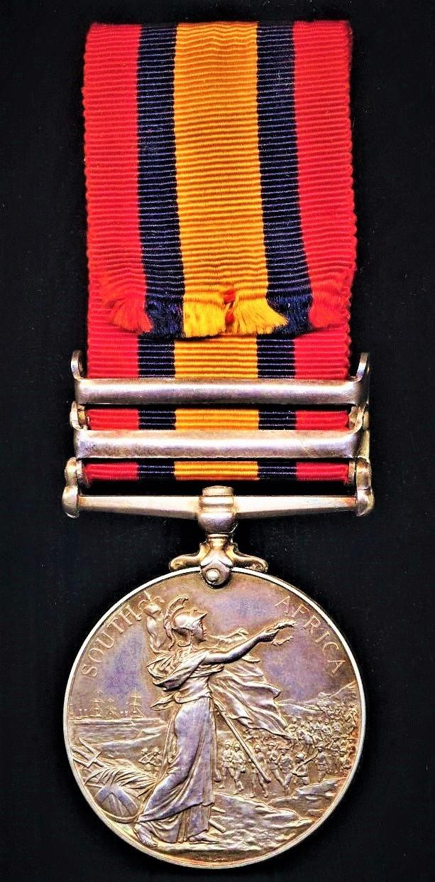 Queen's South Africa Medal 1899-1902. Silver issue with 2 x clasps 'Transvaal' & 'Laing's Nek' (982 Tpr: A. C. Wright. Bethune’s M.I.)
