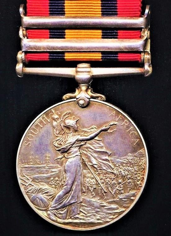 Queen's South Africa Medal 1899-1902. Silver issue with 2 x clasps 'Transvaal' & 'Laing's Nek' (982 Tpr: A. C. Wright. Bethune’s M.I.)