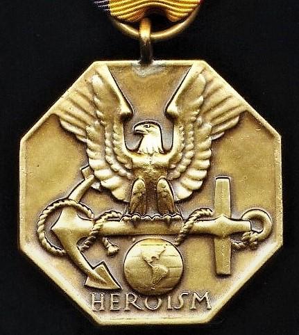 United States: Navy and Marine Corps Medal. With 2 x 'Gold Stars' further awards emblems on riband