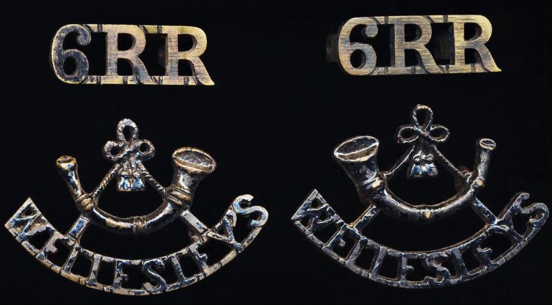 British Indian Army: 1st (Wellesley's) Battalion 6th Rajputana Rifles & 6th Rajputana Rifles. Lot of 2 x pairs of blackened brass regimental shoulder titles