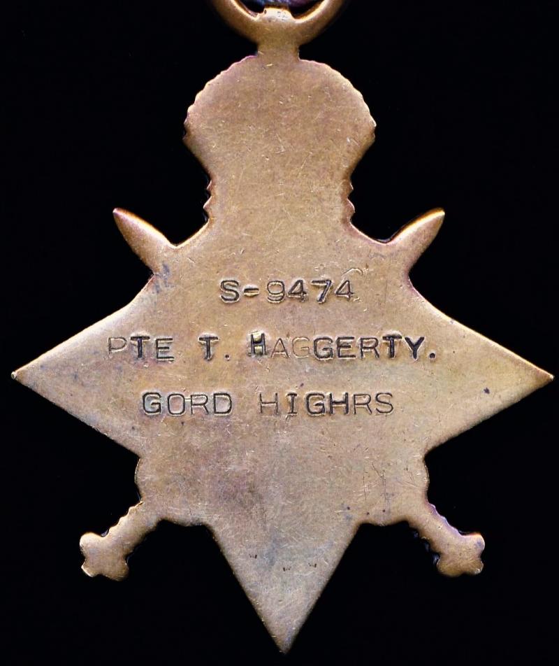 A 'Kirkintilloch' Jock's Great War 'Twice-Wounded' campaign medal group of 3: Private Thomas Haggerty, 1st Garrison Battalion Seaforth Highlanders, late Highland Light Infantry & 1st Battalion Gordon Highlanders