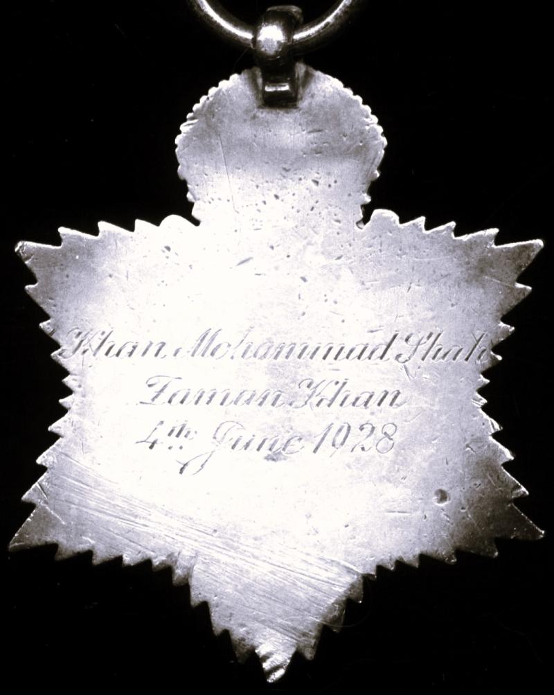 India Title Badge. 3rd Class 'Khan Sahib'. GV issue, 'portrait facing right' in silver and enamel (Khan Mohammad Khan / Zaman Khan / 4th June 1928)