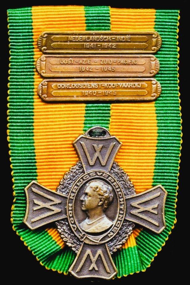Netherlands: Commemorative War Cross 1940-45 (Oorlogsherinneringskruis 1940-45). With 3 x clasps, 'Oorlogsdienst-Koopvaardij 1940-1945', 'Oost-Azie-Zuid-Pacific 1942-1945' & 'Nederlandsch-Indie 1941-1942'