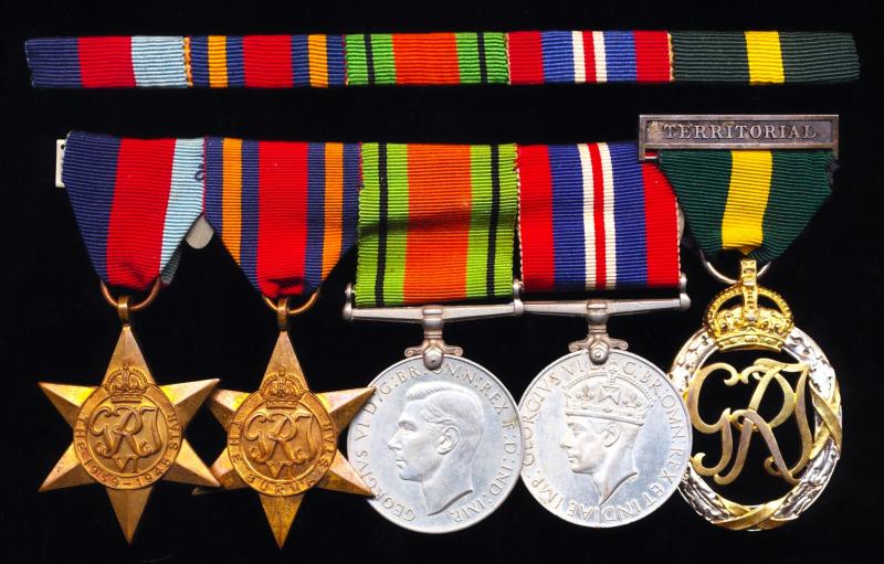 An attributed Gunner Officer's 'Burma Star' & Long Service medal group of 5: Lieutenant-Colonel Peter J. W. Wells, Royal Regiment of Artillery late 57th (East Surrey) Anti-Tank Regiment, East Surrey Regiment & formerly Cadet Sergeant, Bromsgrove School
