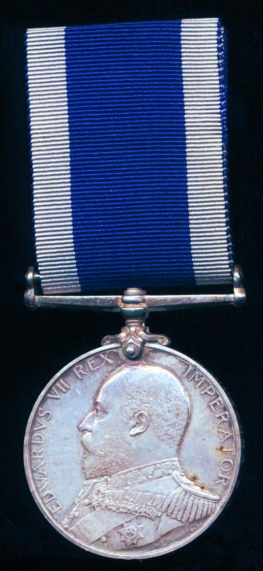 Naval Long Service & Good Conduct Medal. EDVII issue (114812 Fredk. Menhenitt, P.O. 1Cl. H.M.S. Vengeance)