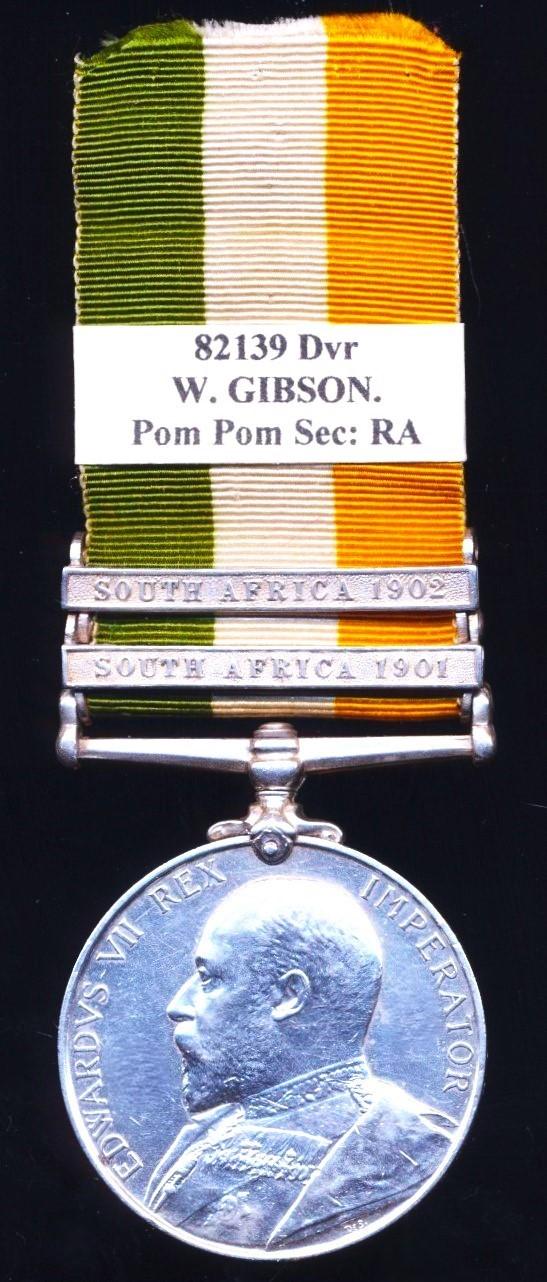 King’s South Africa Medal 1901-02. With 2 x clasps 'South Africa 1901' & 'South Africa 1902' (82139 Dvr: W. Gibson. Pom Poms Sec: R.A.)