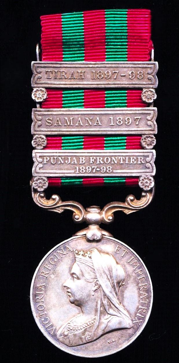 India General Service Medal 1895-1902. Victoria, silver issue with 3 x clasps, 'Punjab Frontier 1897-98', 'Samana 1897' & 'Tirah 1897-98' (1916. Sowar Shakar Khan, 1st. C.I. Horse.)