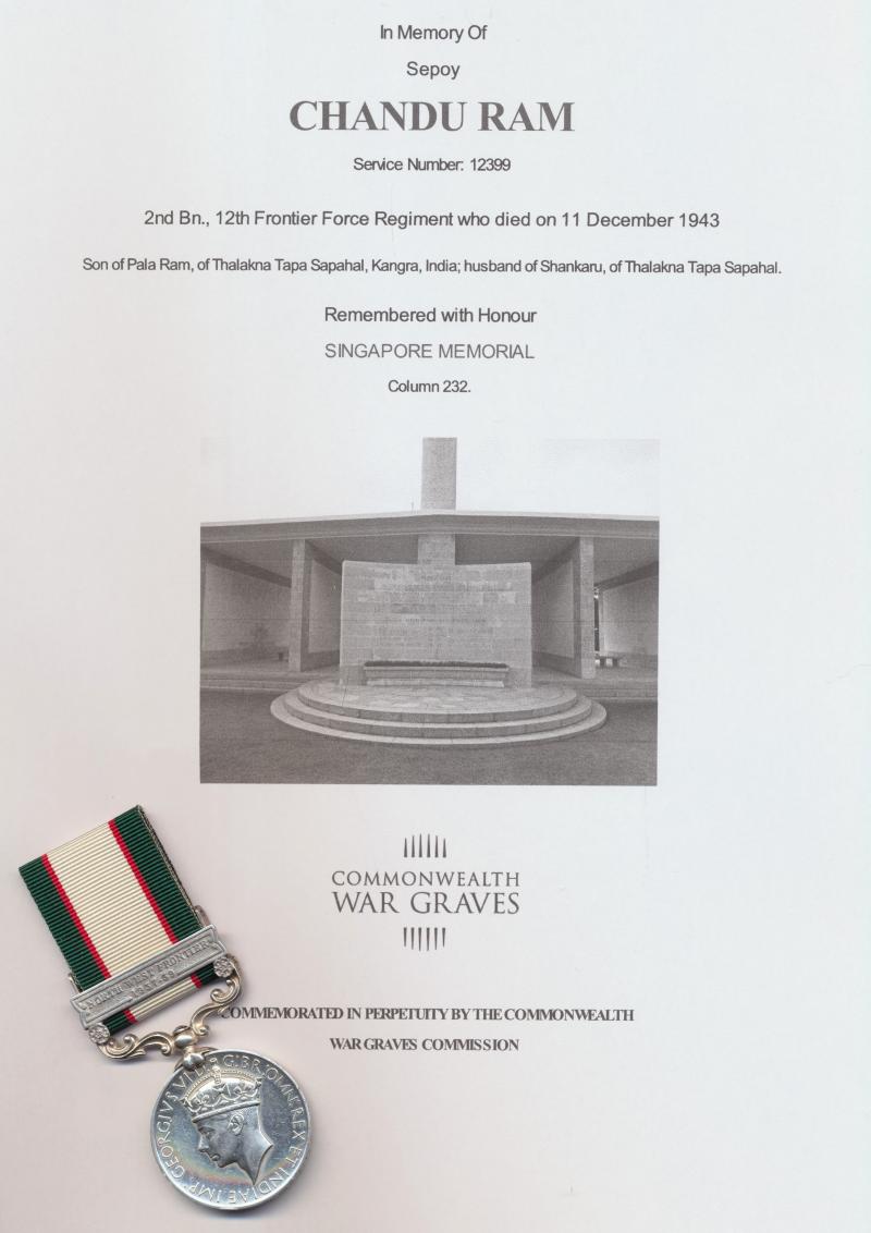 India General Service Medal 1936-39. With clasp 'North West Frontier 1937-39' (12399 Sep. Chandu Ram, 2-12 F.F.R.)