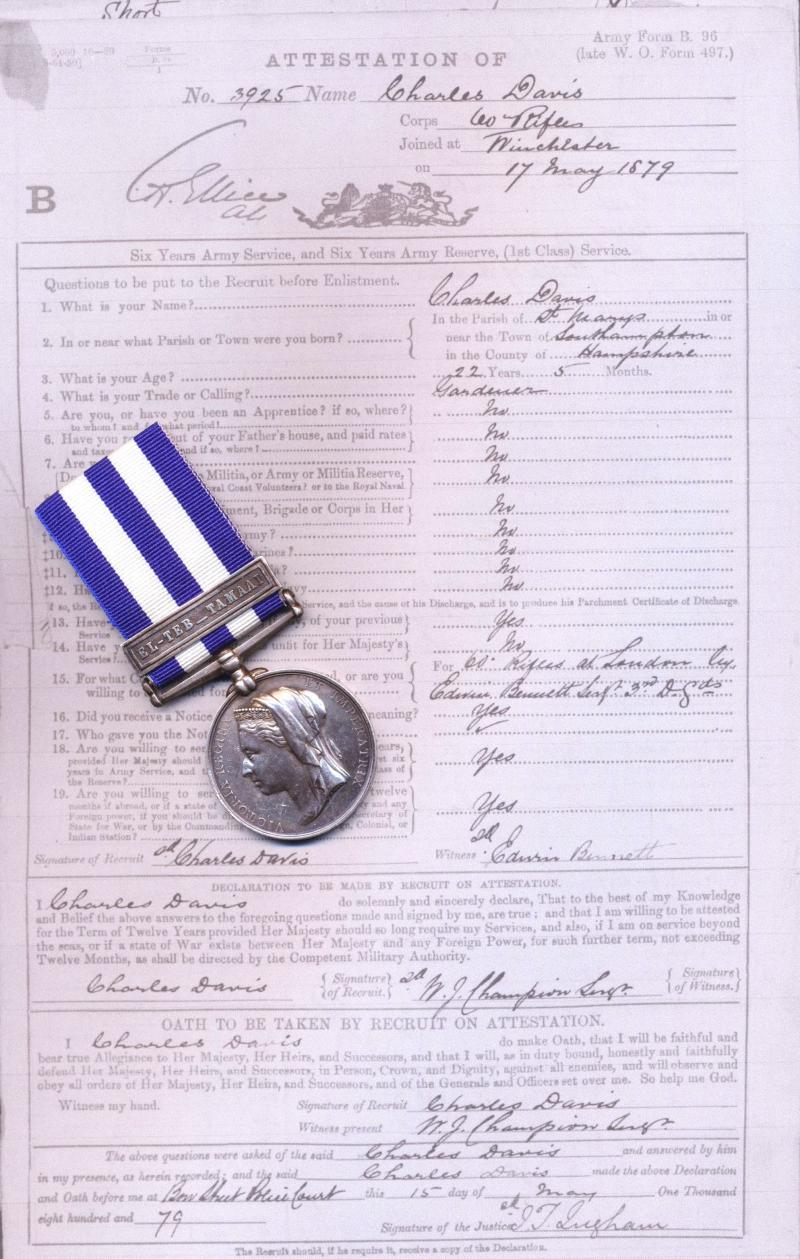 Egypt and Sudan Medal 1882-89. Undated reverse, with clasp 'El-Teb_Tamaai' (3925, Lce. Corpl. C. Davis, 3/K. R. Rif: C.)