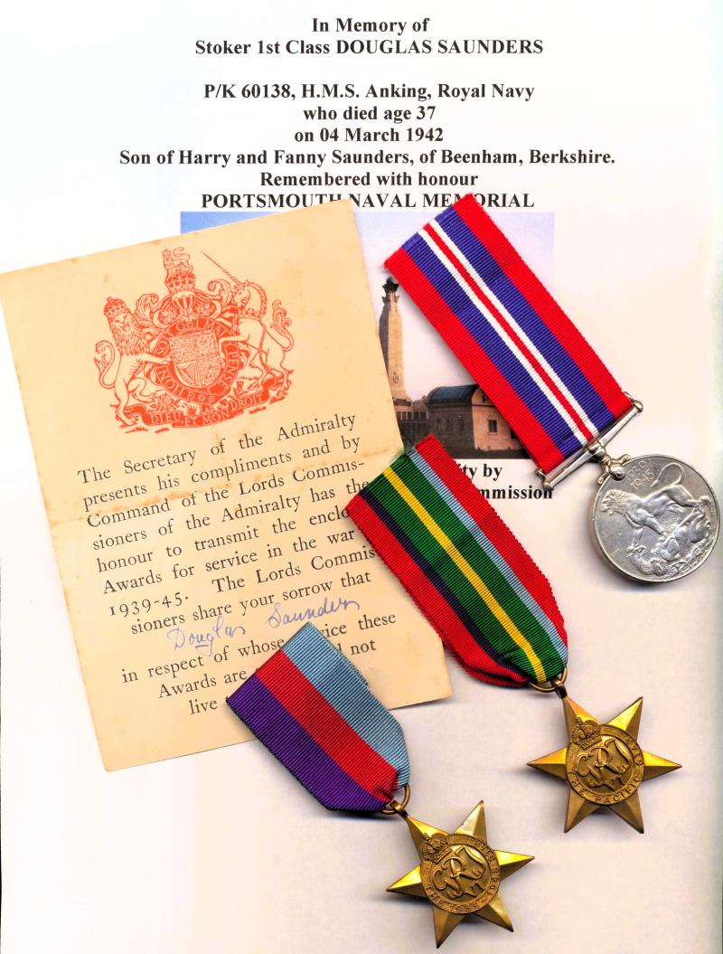 A confirmed 'Java Sea' casualty of the 'Pacific War' campaign against the Imperial Japanese Navy, serving aboard a Hong Kong Colony requisitioned ship of the China Navigation Company: Stoker Douglas Saunders Royal Navy, late H.M.S. Anking