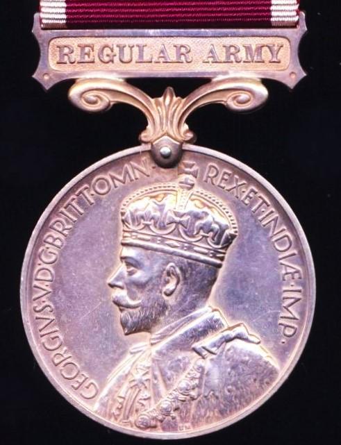 Military Long Service and Good Conduct Medal. GV crowned head issue with 'Regular Army' bar (3179298 Pte. H. C. Allcock. K.O.S.B.)