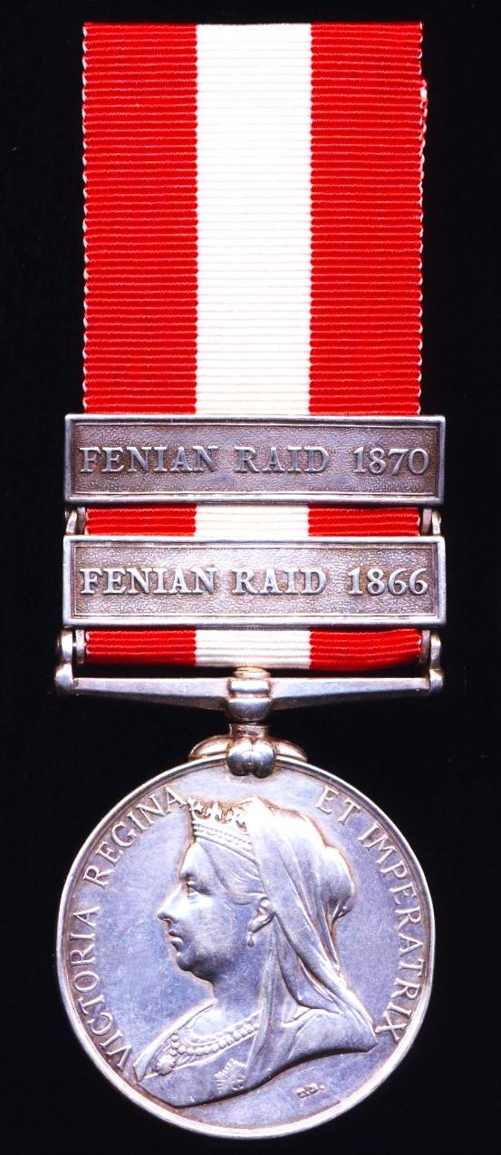 Canada General Service Medal, 1866-1870. Two clasps: 'Fenian Raid 1866' & 'Fenian Raid 1870' (932. Pte. J. Clarke, 1/R. B.)