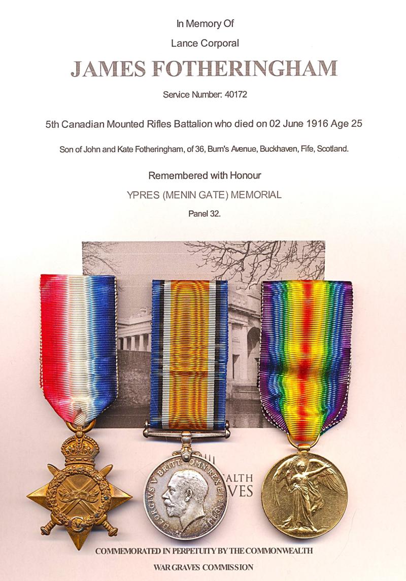 A Canadian 'Three Rivers' man, Great War Maple Copse 'Battle of Mount Sorrel' Killed-in-Action' campaign medal group of 3: Private James Fotheringham 5th Canadian Mounted Rifles