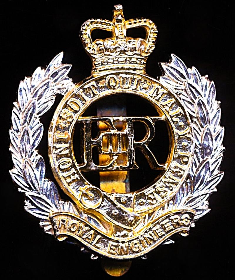 Royal Engineers. EIIR issue cap badge with Queens Crown. Anodized aluminum (Staybrite)