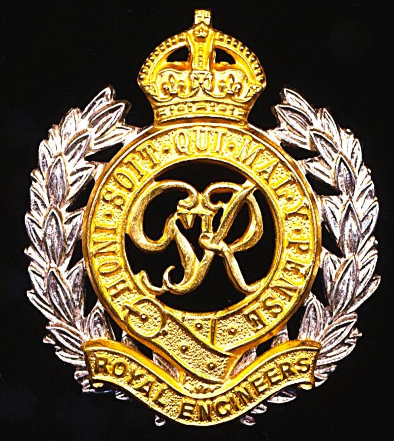 Royal Engineers. GVI King's Crown Officer's cap badge. In gilt (gilded) metal & silver plate / wm with fretted laurels & voided centre. Circa 1947-1952