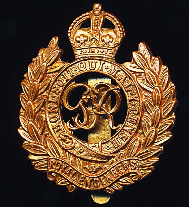 Royal Engineers. GVI King's Crown gilding metal cap badge. Die-struck with voided centre. Circa 1937-1946