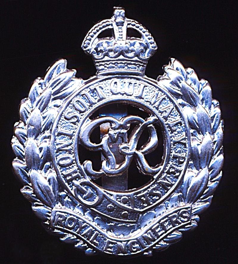 Royal Engineers. GVI King's Crown chromed metal cap badge. Die-struck with voided centre. Circa 1937-1952