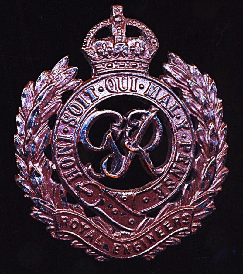 Royal Engineers. GVI King's Crown 'Officer's Service Dress' (OSD) bronze metal cap badge. Die-cast with fretted laurel wreath & voided centre. Circa 1937-1952