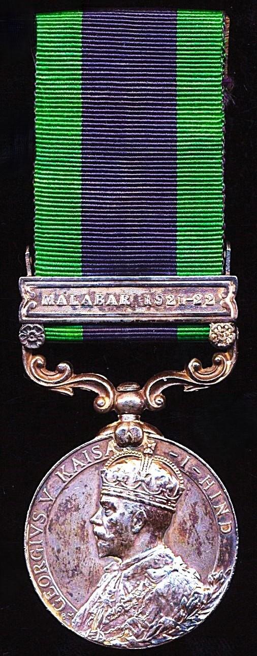 India General Service Medal Medal 1908-35. GV silver 1st issue with clasp 'Malabar 1921-22' (3095 Rfmn. Man Sing  Chaudri, 1-18 R. Garh Rfls.)