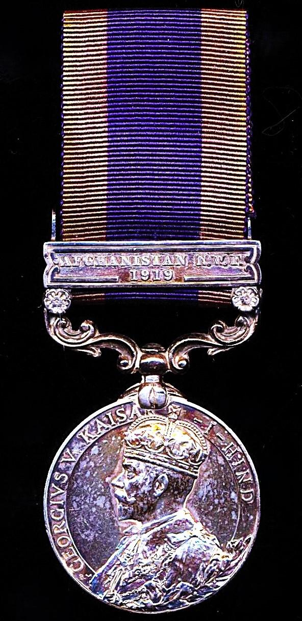 India General Service 1908-35. GV 1st issue with clasp 'Afghanistan N.W.F. 1919' (338. Gnr.-Nk. Yusaf Khan, 2 K.M. Bty.)