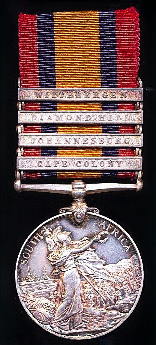 Queen's South Africa Medal. Silver issue with 4 x clasps 'Cape Colony', 'Johannesburg', 'Diamond Hill' & 'Wittebergen' (1264 Pte J. McGrath, 1st Cam'n: Highrs:)