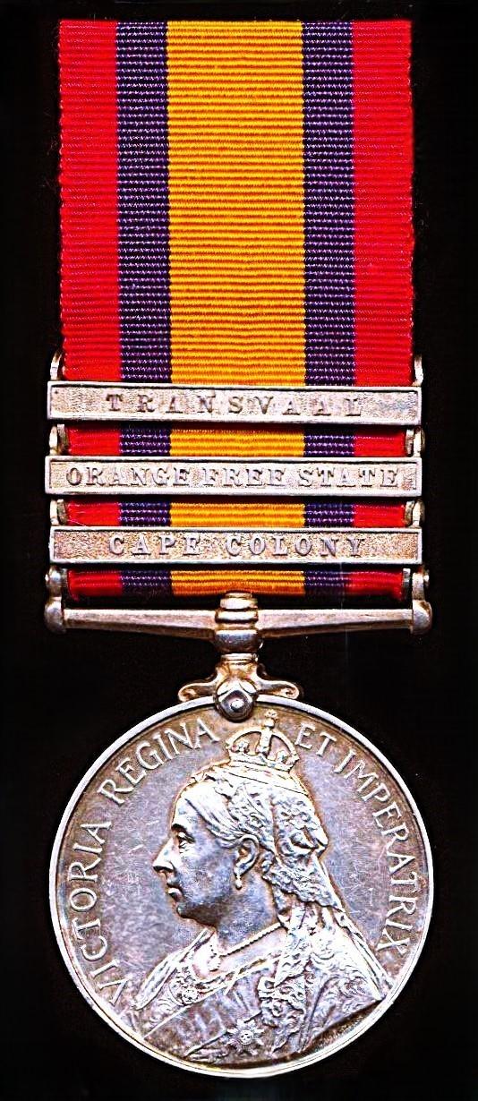 Queen's South Africa Medal. Silver issue with 3 x clasps 'Cape Colony', 'Orange Free State' & 'Transvaal' (3244 Pte. R. Thompson. Gordon Highrs: M.I.)