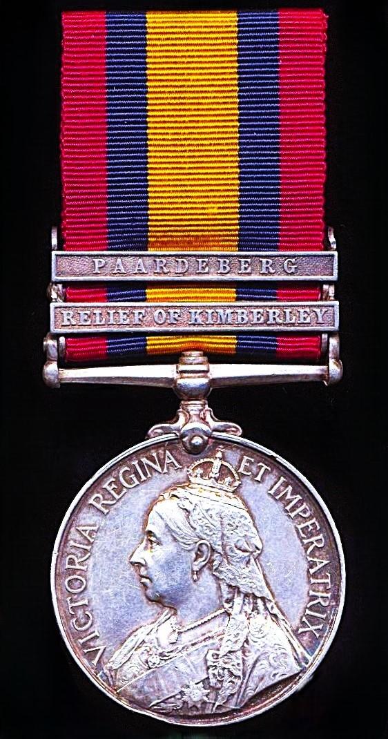 Queen's South Africa Medal. Silver issue with 2 x clasps 'Relief of Kimberley' & 'Paardeberg' (6345 Pte. J. McEwing. Gordon Highrs:)