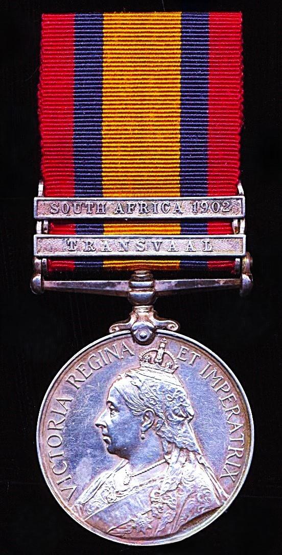 Queens South Africa Medal. Silver issue & 2 x clasps 'Transvaal' & 'South Africa 1902' (4662 Serjt: J.H.D. Imrie. Scottish Rifles)