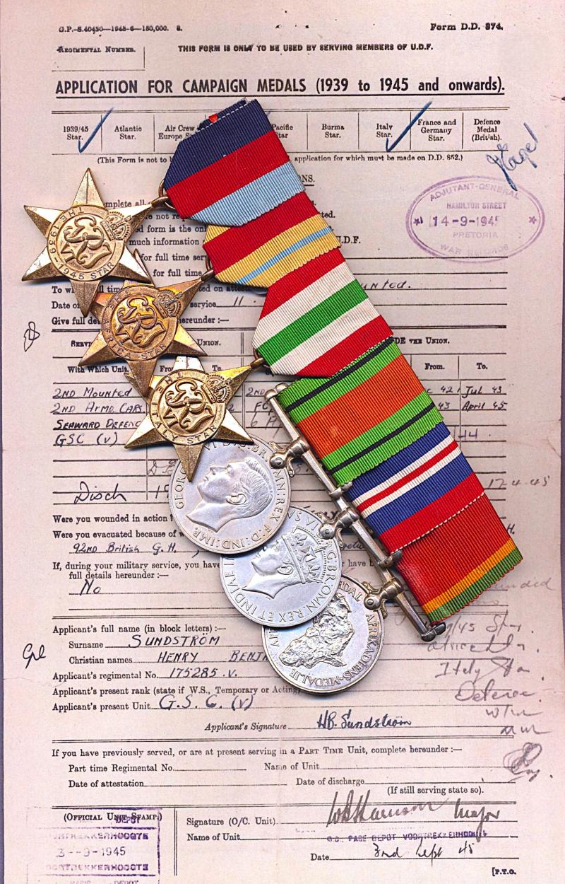 A South African Charged with Mutiny later Wounded-in-Action in Italy, Second World War medal group of 6: Corporal Henry Benjamin Sundstrom,First City / Cape Town Highlanders Regiment late 2 Armoured Cars & 2nd  Mounted Rifles