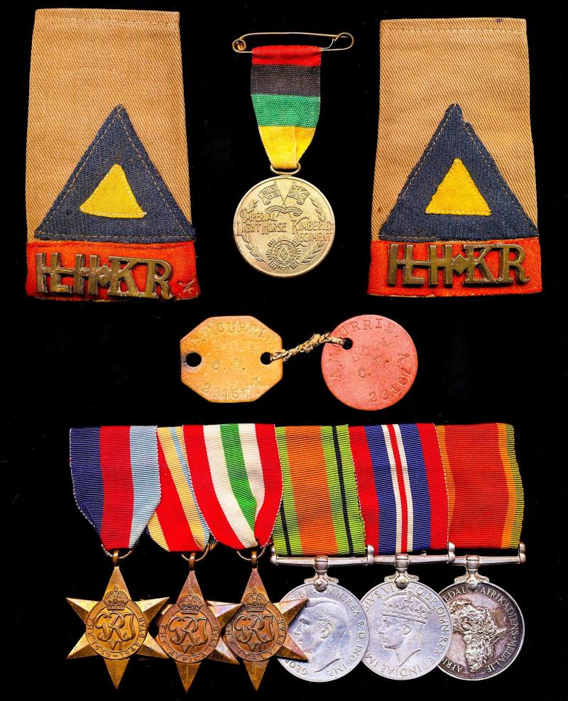 A desirable South African Armoured Division Second World War Medal Group of 6 with Regimental Insignia: Lance Corporal Andrew Mathew, 1st Light Horse and Kimberley Regiment