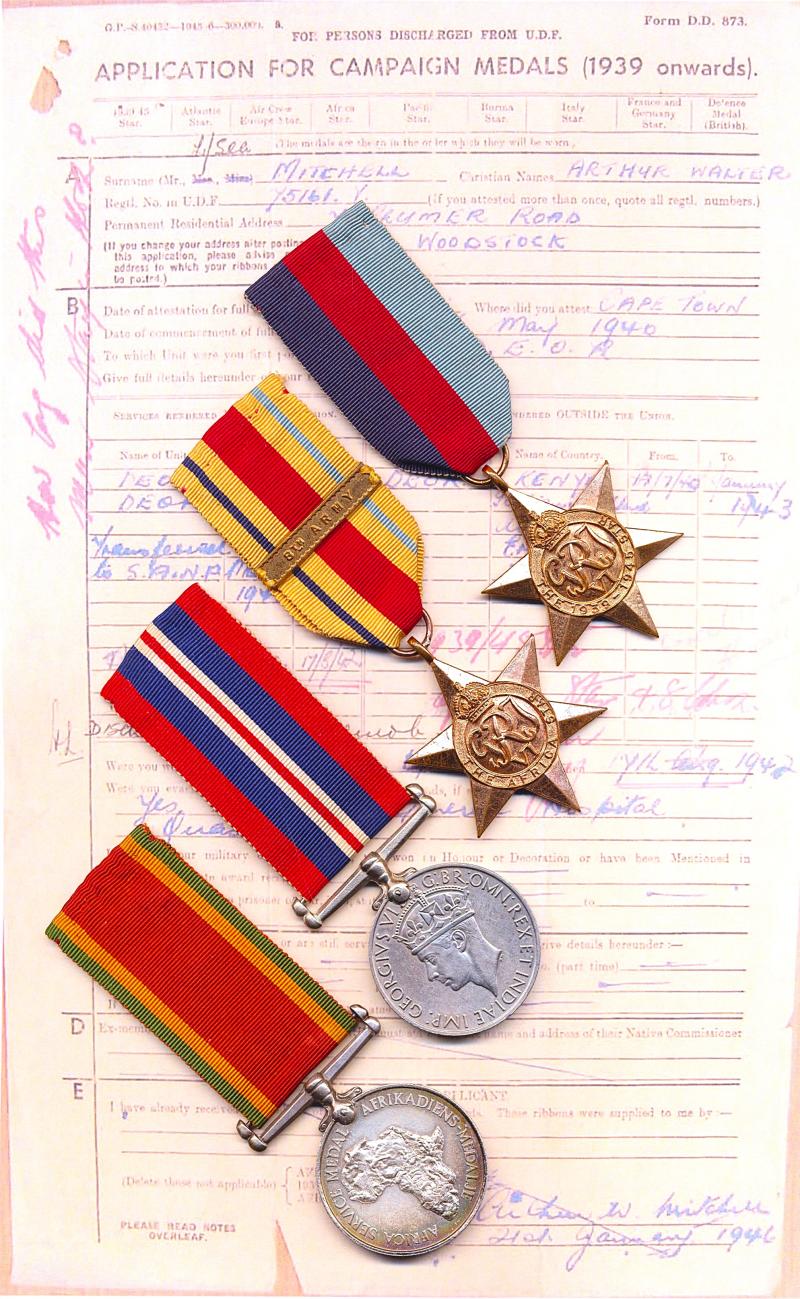A confirmed 1st Battle of El-Alamein 8th Army Casualty Medal Group of 4: Private A. W. Mitchell, Duke of Edinburgh's Own Rifles, South African Army