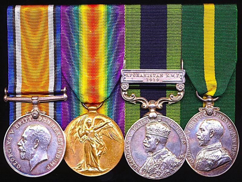 A Great War Third Afghan War & Long Service medal group of 4: Sergeant Allan Patterson Ireland 1st Battalion Highland Light Infantry  attached 1st Bn Durham Light Infantry, late 5th (City of Glasgow) Bn Highland Light Infantry (Territorial Force)