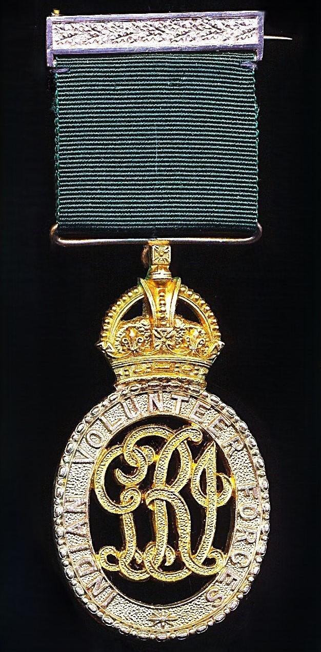 Indian Volunteer Forces Officers Decoration, GV issue with integral hallmarked top riband brooch bar (Lt. J. A. Liddell, Upper Burma Bn., A.F.I.)