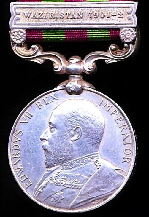 India General Service Medal 1895-02. Edward VII silver issue with clasp 'Waziristan 1901-02' (No. 4154 Sepoy Santa Singh 45th Rattray's Sikhs)