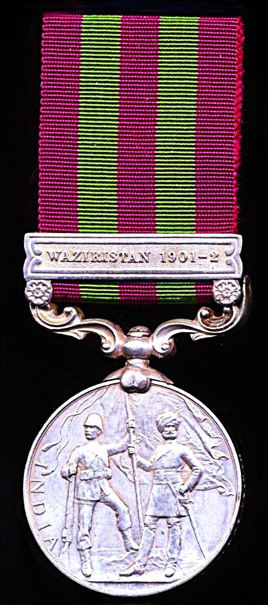 India General Service Medal 1895-02. Edward VII silver issue with clasp 'Waziristan 1901-02' (No. 4154 Sepoy Santa Singh 45th Rattray's Sikhs)