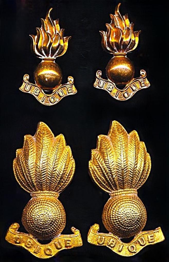 Royal Regiment of Artillery: Pair of small reduced size gilding metal 'Grenade' collar badges with scroll 'Ubique' (also worn solo on Beret)