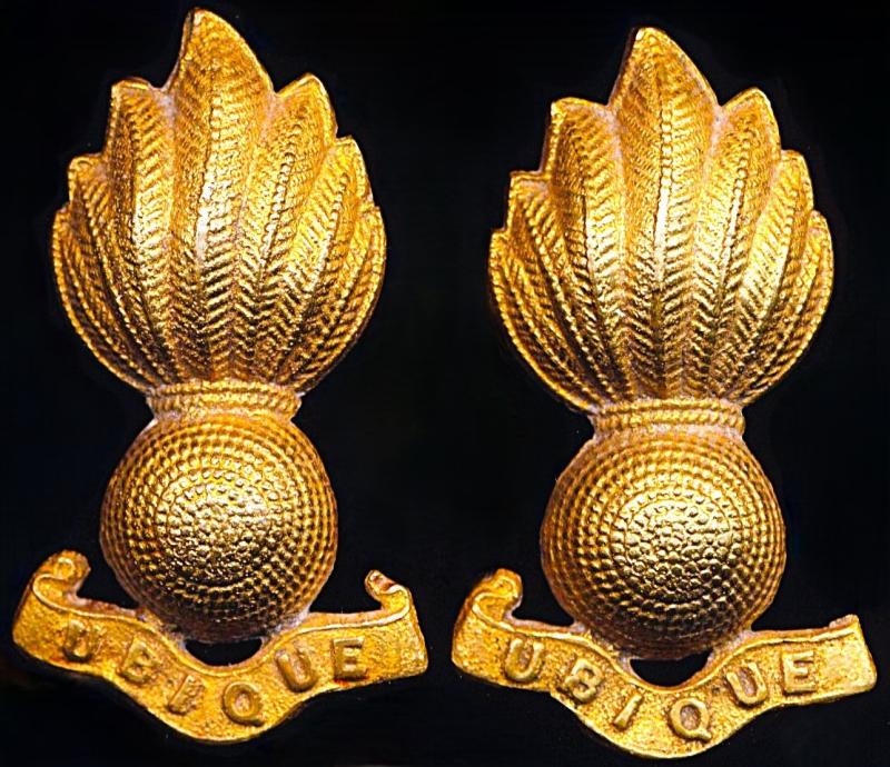 Royal Regiment of Artillery: Pair of large gilt Officer's 'Grenade' badges with scroll 'Ubique' (also worn solo on Beret)