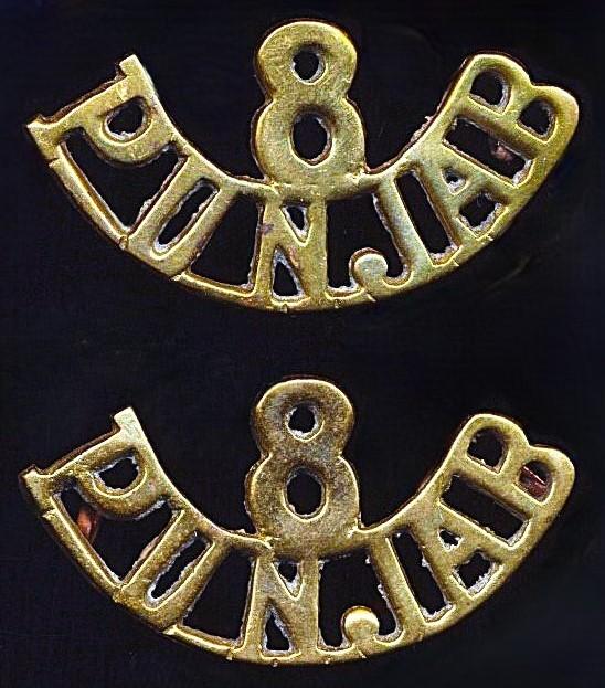 British India: 8th Punjab Regiment. Pair of gilding metal shoulder titles, as worn by 'All-Ranks' including British Officer during the Second World War