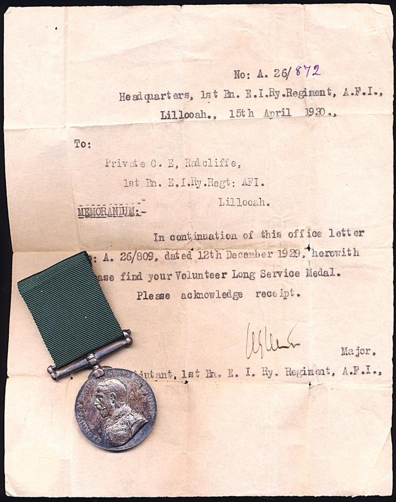 Volunteer Long Service Medal (India & The Colonies). GV issue (Pte. C. E. Radcliffe, 1 Bn. E.I. Ry. R. (A.F.I.)