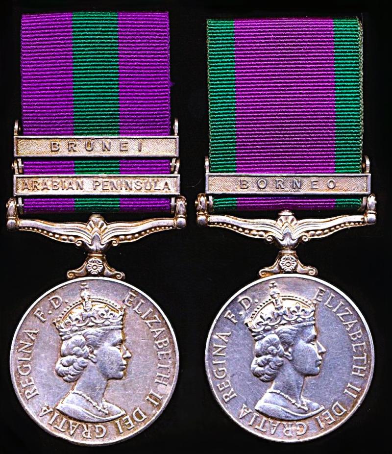 An extremely scarce campaign medal pair including clasps for service in Aden Colony, Brunei Revolt & Borneo Confrontation: Private C. J. Spence 1st Battalion Queen's Own Highlanders, late 1st Battalion Queen's Own Cameron Highlanders